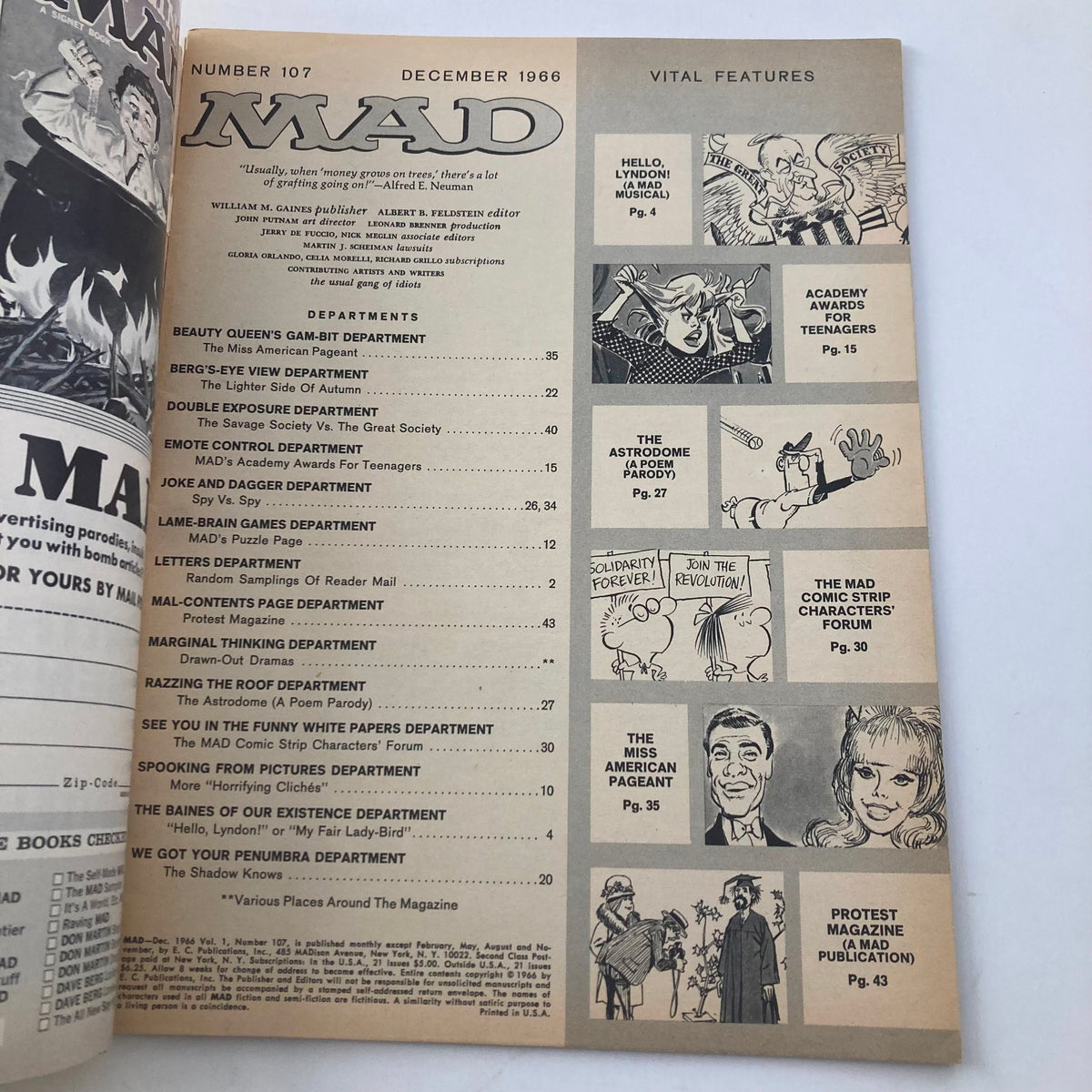Interior page from VTG Mad Magazine December 1966 No. 107 showcasing the Table of Contents, illustrating the magazine's various departments and key features.