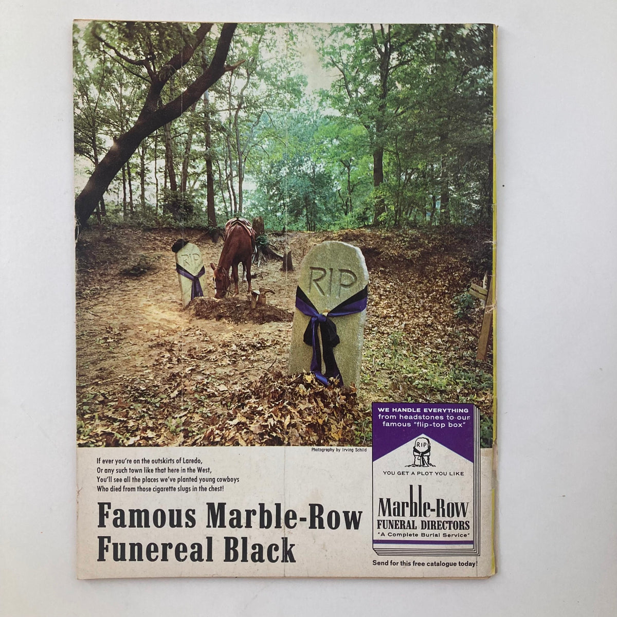 Back cover of the VTG Mad Magazine December 1966 No. 107 featuring an advertisement for 'Famous Marble-Row Funereal Black' with a humorous gravestone scene, embodying the unique humor of Mad Magazine.