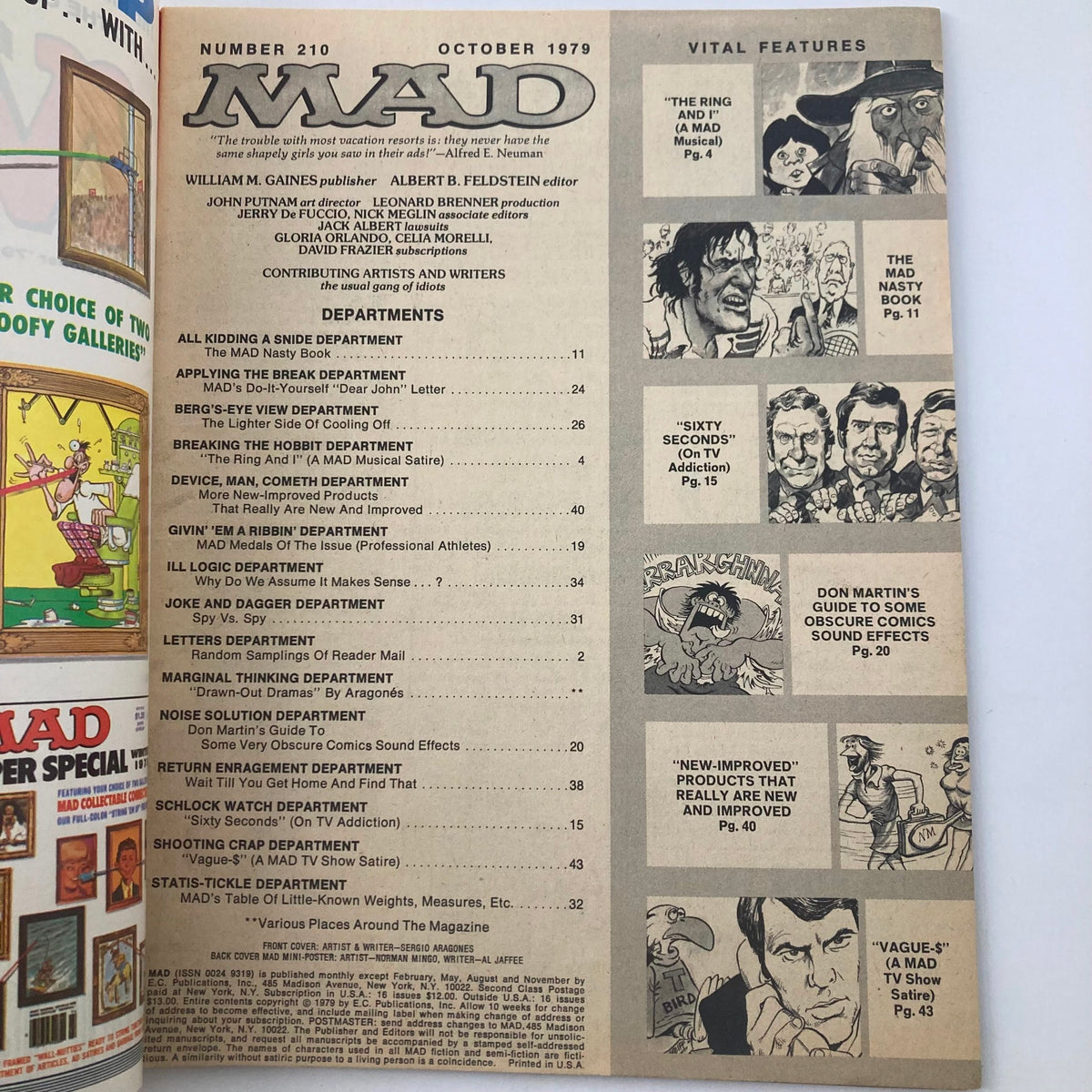 Inside page of VTG Mad Magazine October 1979 No. 210 displaying the table of contents. It lists various humorous features and parodies, including 'The Ring and I', highlighting the magazine's clever storytelling and humor.