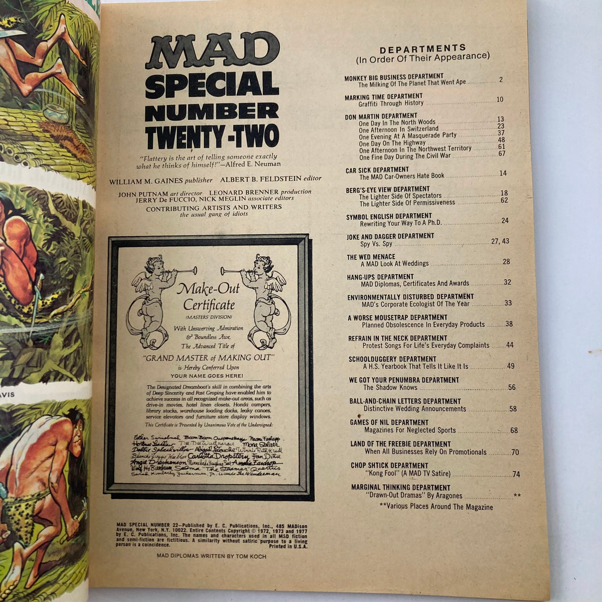 Inside page of VTG 1977 Mad Magazine Special Number Twenty-Two displaying the table of contents and details about humorous segments and features.