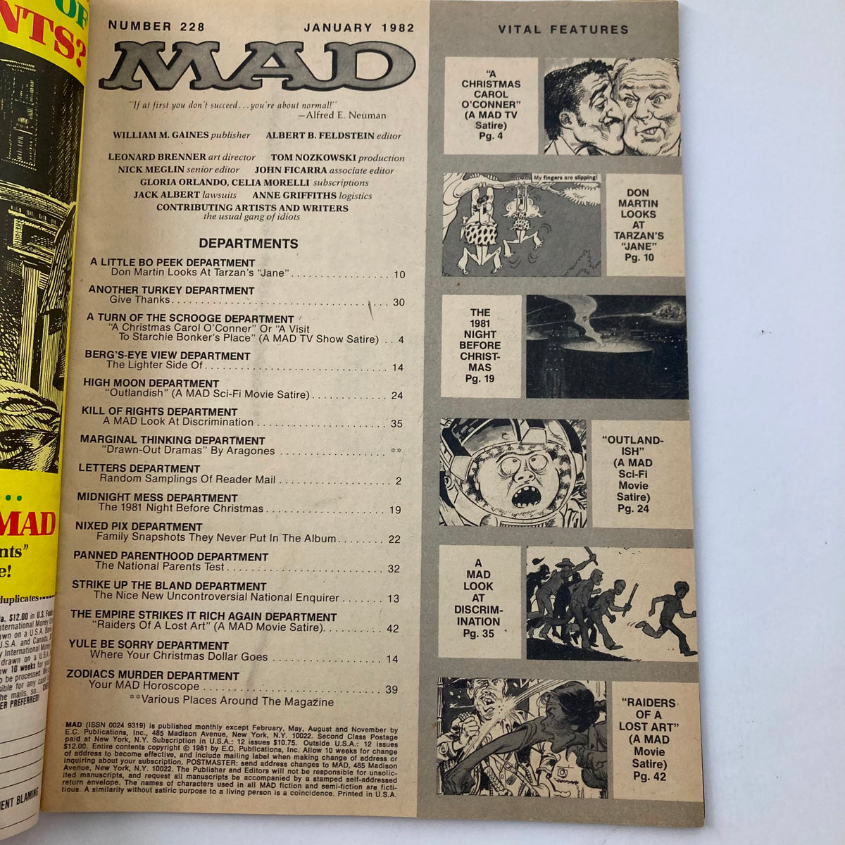 Interior page of VTG Mad Magazine January 1982 featuring the table of contents and several illustrated sections including 'Raiders of Lost Art'. This vintage comic reflects comedy and satire from the early 1980s.