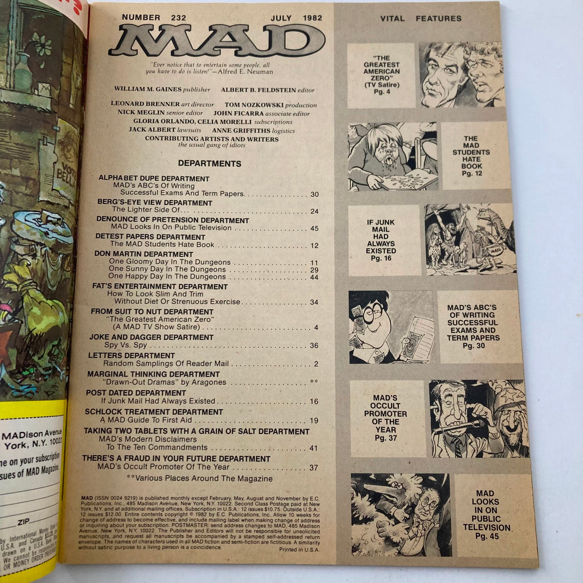 Interior page of VTG Mad Magazine July 1982 No. 232, displaying the contents listing and illustrations, highlighting the magazine's comedic sections and features.
