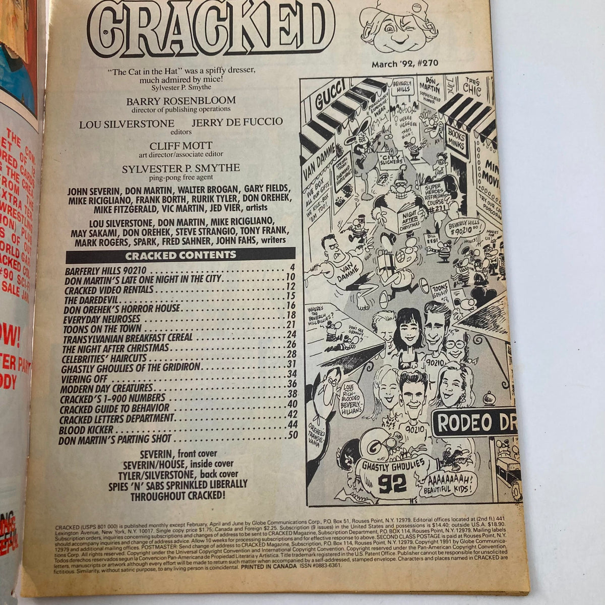Interior page of VTG Cracked Magazine March 1992 No. 270 displaying a comedic table of contents with references to Beverly Hills 90210 and various humorous articles.