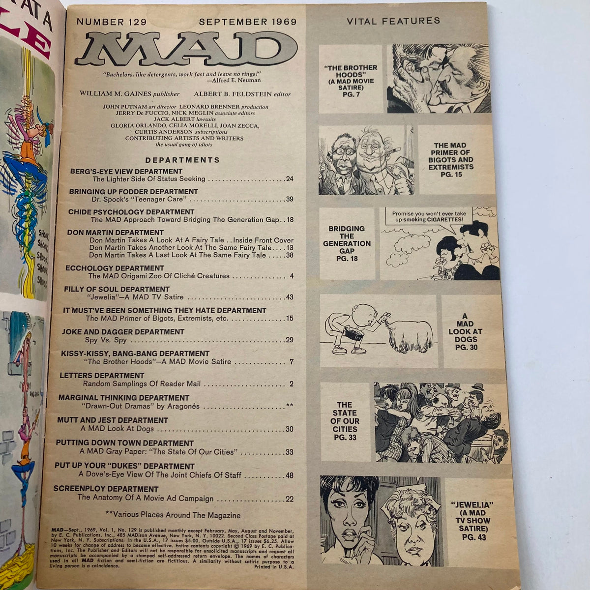 Table of contents page from VTG Mad Magazine September 1969 No. 129 showcasing various departments and features within the magazine, highlighting its humorous articles.