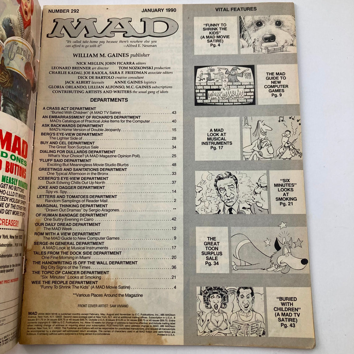 Interior page of VTG Mad Magazine January 1990 No. 292 featuring the table of contents and vital features, showcasing humorous articles related to pop culture and satire.