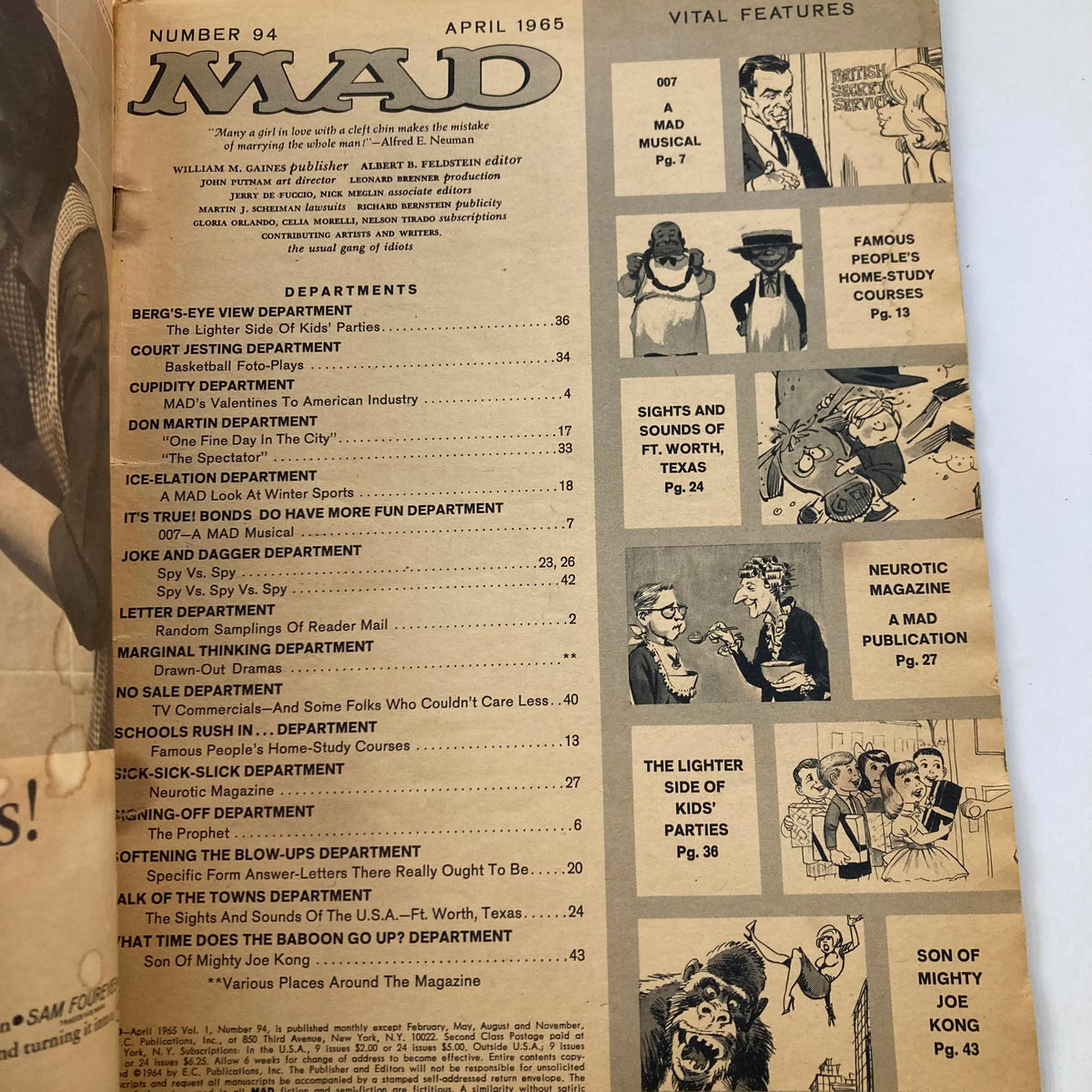 VTG Mad Magazine April 1965 No. 94 interior page with content table listing various humorous sections and features in the magazine.