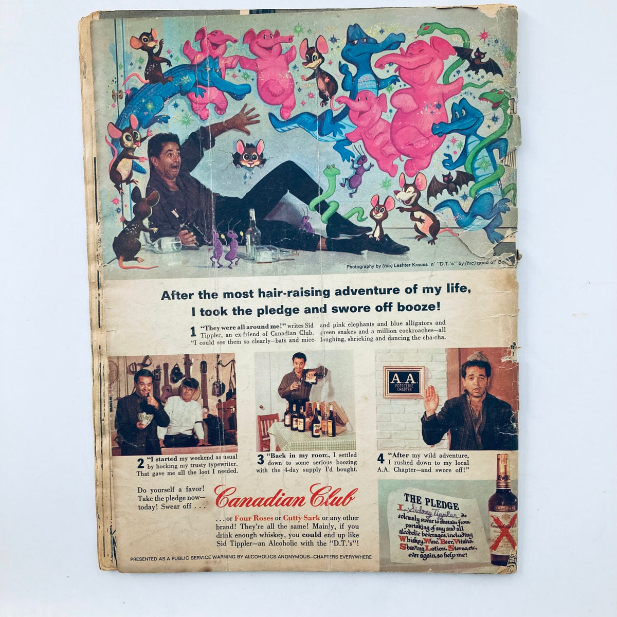 VTG Mad Magazine April 1965 No. 94 back cover featuring an advertisement with illustrations related to Canadian Club whiskey and humorous anecdotes.