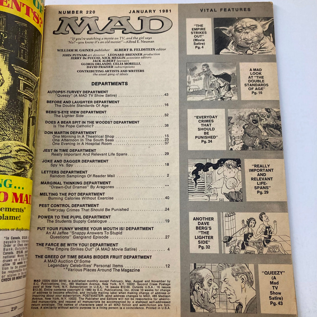Inside page of VTG Mad Magazine January 1981 No. 220 featuring the table of contents and various cartoon illustrations including departments like 'JOKE AND DAGGER DEPARTMENT' and 'DOES A BEAR SPIT IN THE WOODS?'.