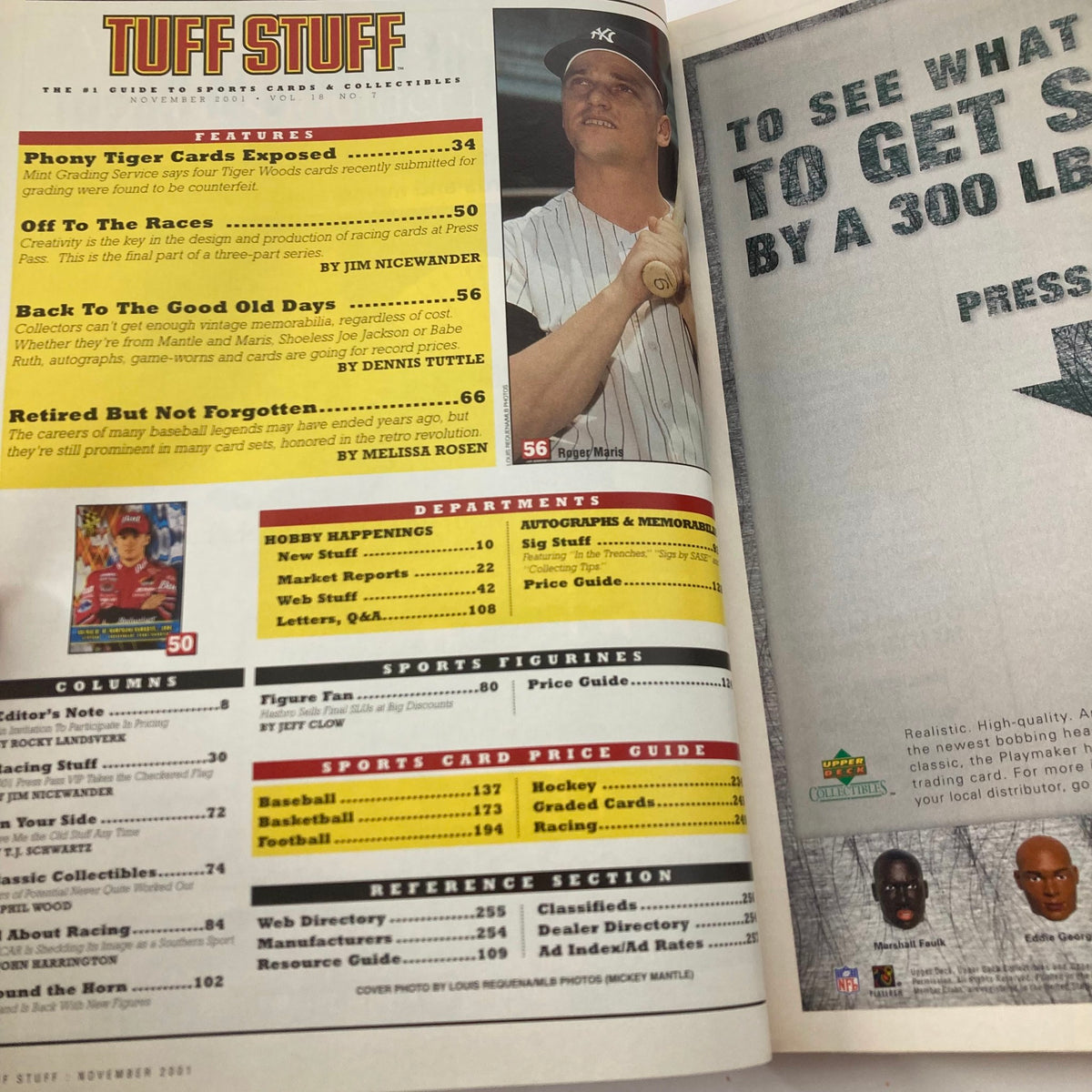 Tuff Stuff Magazine November 2001 Vol 18 No. 7 cover featuring MLB Mickey Mantle, highlighting features on sports cards, autographs, and hobby memorabilia.