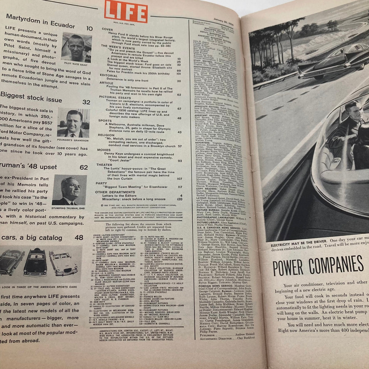 Inside page of VTG Life Magazine from January 30 1956, featuring a table of contents, discussing topics such as electricity and Truman's 48 election upset.