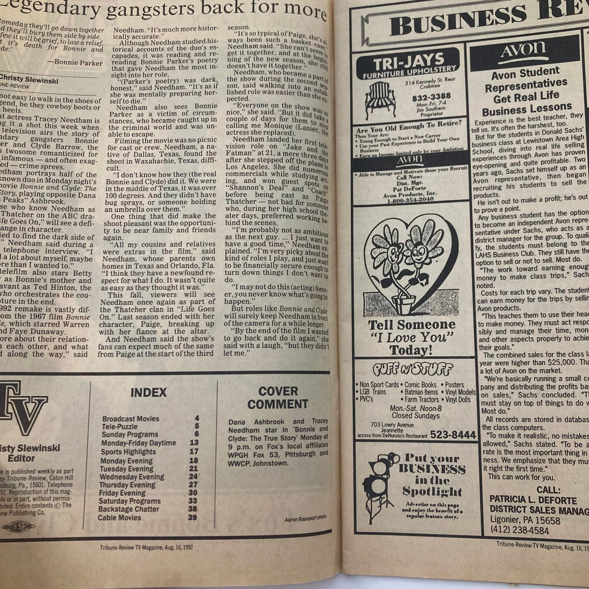 Inside page of Tribune-Review TV Magazine from August 16, 1992, showcasing a review of 'Fox's Bonnie and Clyde' along with advertisements and program listings.