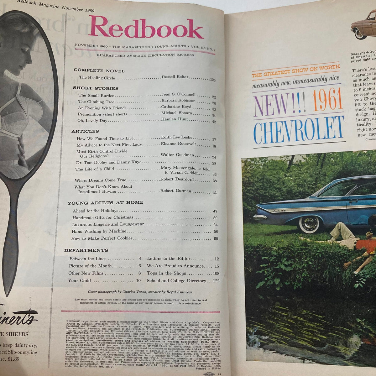 Interior page of the November 1960 Redbook Magazine featuring the table of contents and articles including 'My Advice to the Next First Lady', along with advertisements showcasing the 1961 Chevrolet.