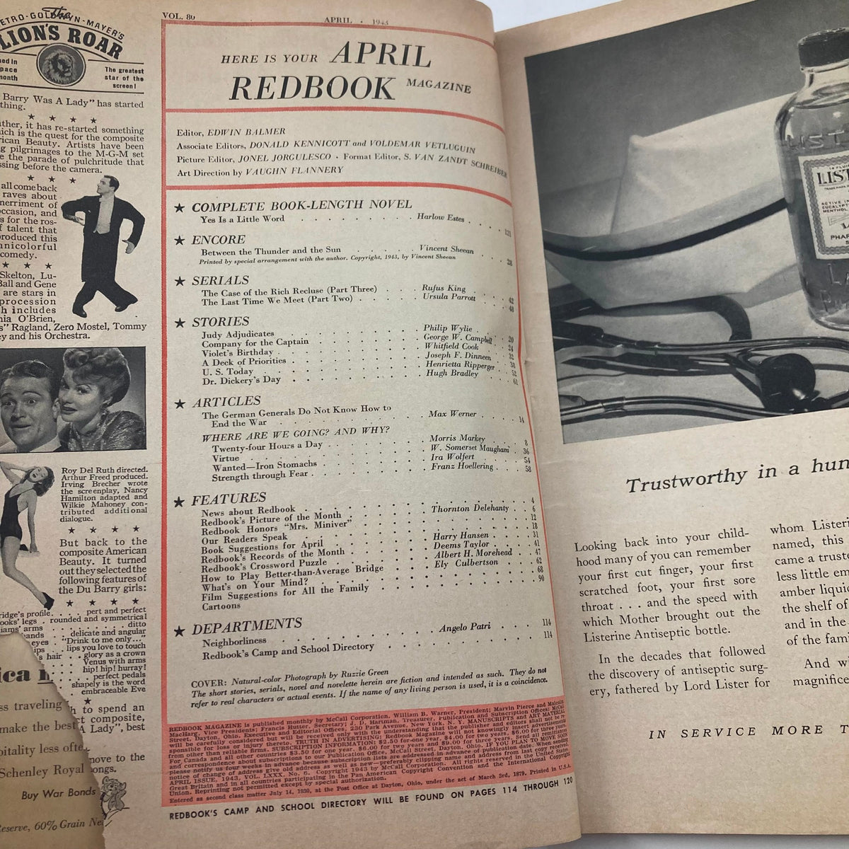Inside page of VTG Redbook Magazine April 1943, showcasing the table of contents, including the story 'The Case of the Rich Recluse' and various articles, reflective of early 1940s culture.