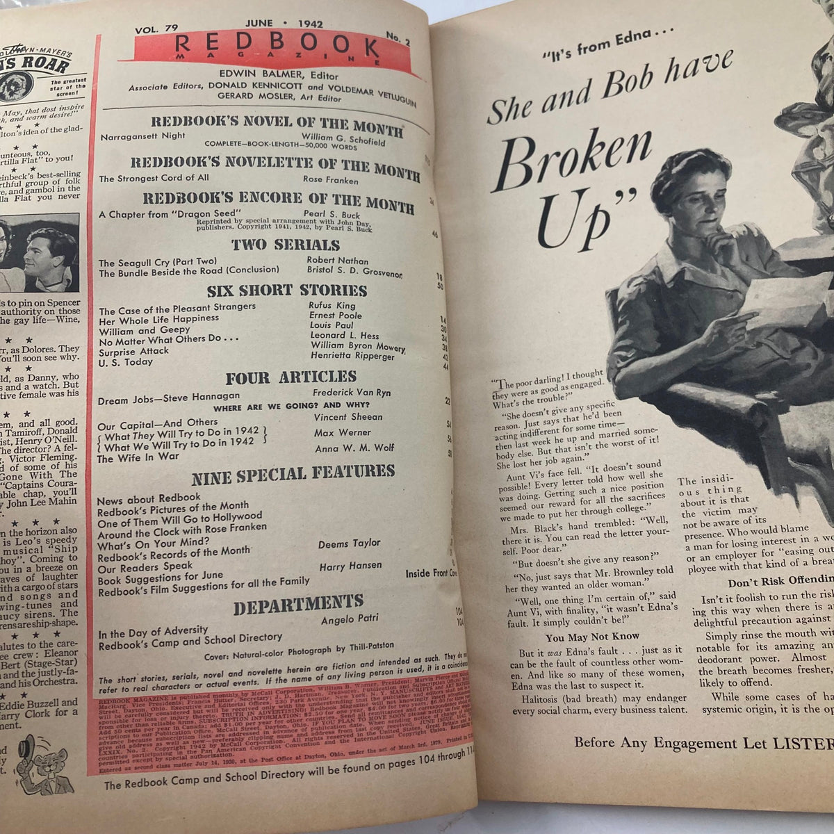Inside page of the VTG Redbook Magazine June 1942, Vol 79 No. 2, displaying table of contents and various articles including 'The Seagull Cry Part Two,' featuring historical insights and vintage storytelling.