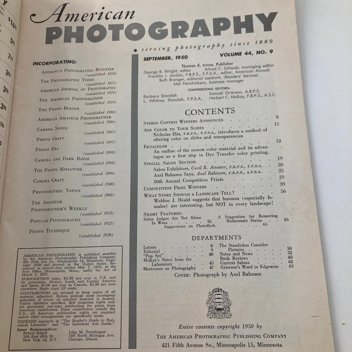 Contents page of the VTG American Photography Magazine September 1950 showcasing various articles, departments, and contributions in the field of photography.