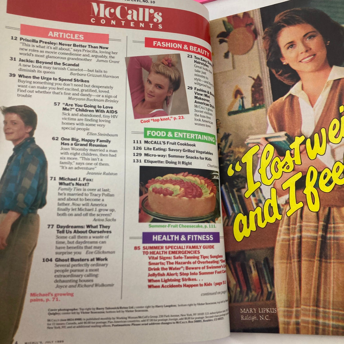 Contents page of VTG McCall's Magazine July 1989, listing articles including Priscilla Presley interview and summer family health guide.