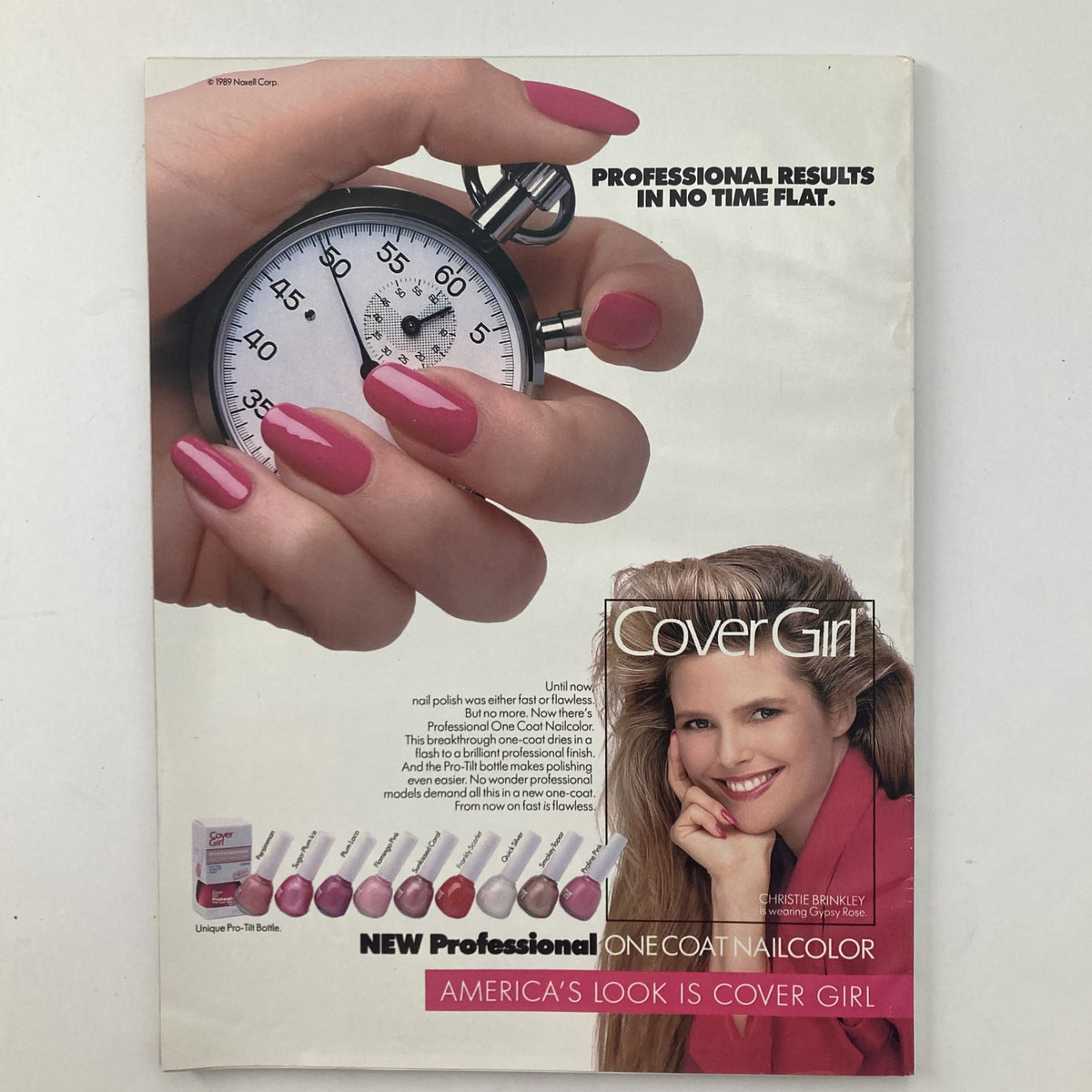 CoverGirl advertisement featuring Christie Brinkley promoting the NEW Professional One Coat Nailcolor, with professional results shown in the image of hands holding a stopwatch and painted nails. Related to VTG McCall's Magazine July 1989 featuring Priscilla Presley and Jackie Kennedy.