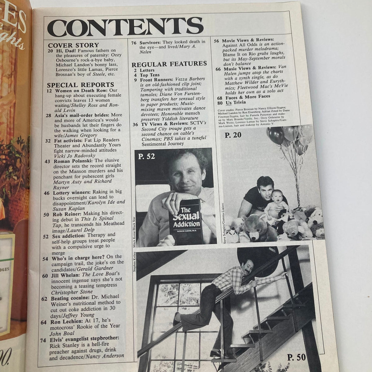 Table of contents page from US Magazine March 26, 1984, highlighting feature articles and sections including the cover story on famous fathers.
