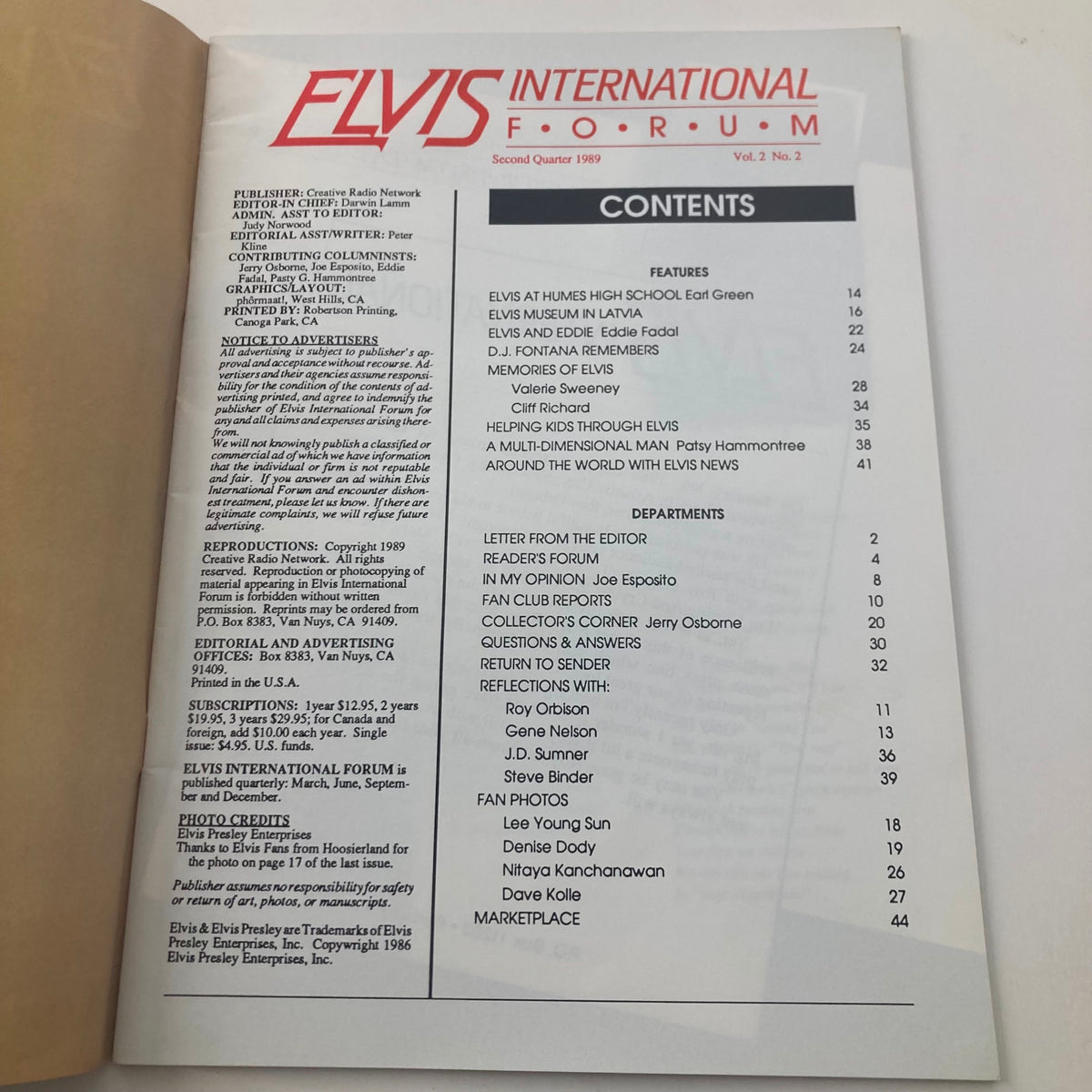 Inside contents page of the VTG Elvis International Forum Magazine 2nd Quarter 1989, listing articles and features about Elvis Presley, including various contributors and topics.