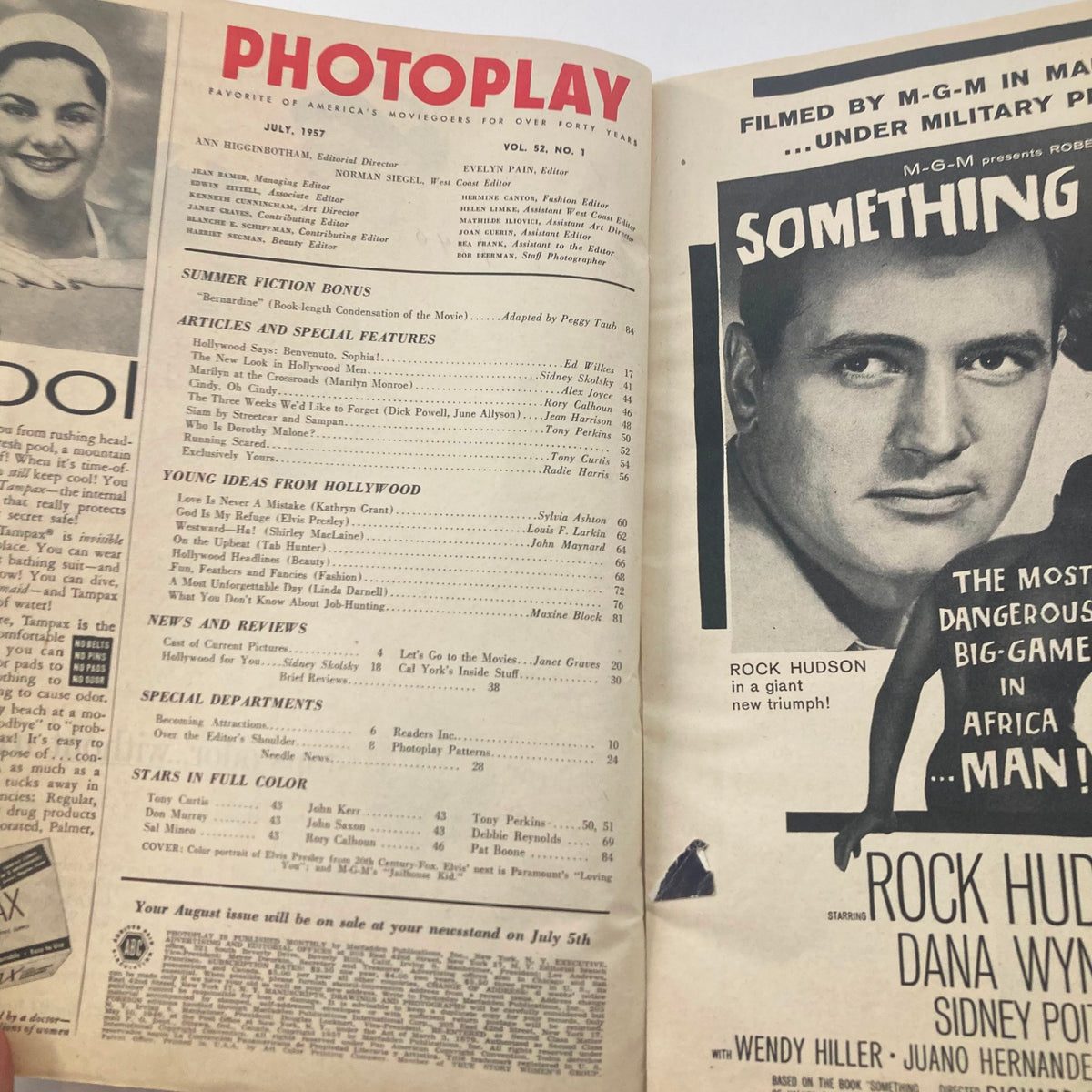 Inside page of VTG Photoplay July 1957 magazine, displaying articles and features from the golden age of cinema.