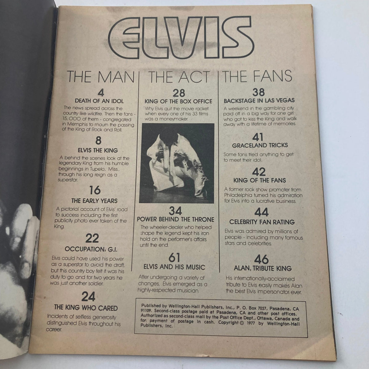 Inside page of VTG 1977 Elvis the King Memorial Collector's Edition, listing contents and topics related to Elvis Presley, including his life, career, and fans.