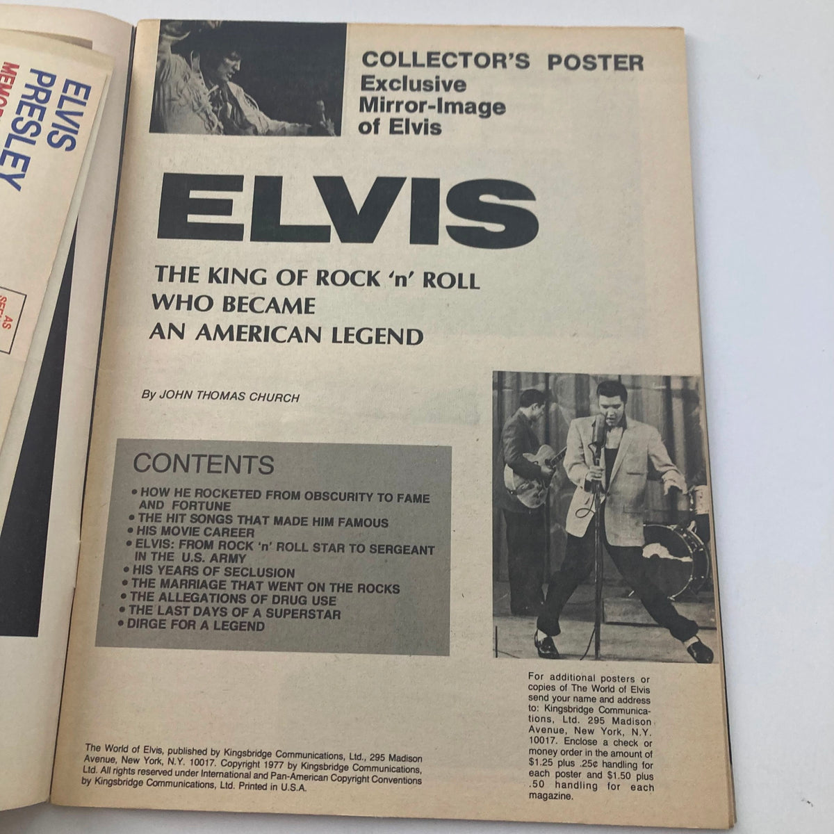 Page from the collectible magazine 'The World of Elvis' featuring a prominent title 'ELVIS: THE KING OF ROCK 'N' ROLL WHO BECAME AN AMERICAN LEGEND'. It includes contents outlining Elvis Presley's journey from obscurity to fame, along with iconic imagery of him performing.