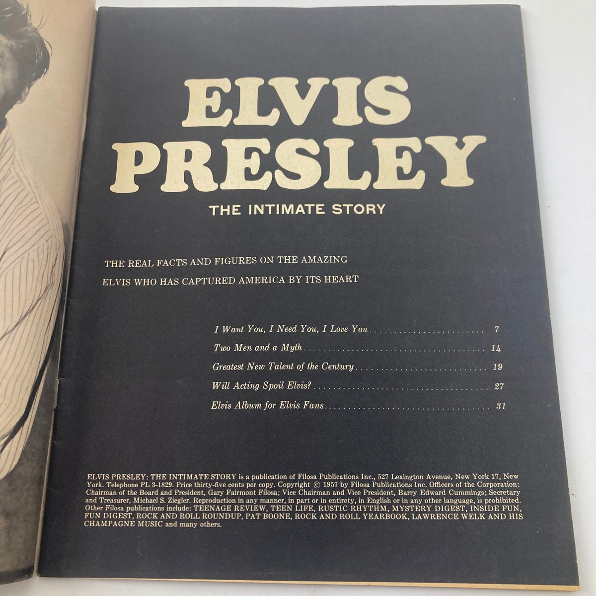 Inside page of VTG The Intimate Story Magazine 1957 about Elvis Presley, featuring a table of contents highlighting key articles about the iconic musician.