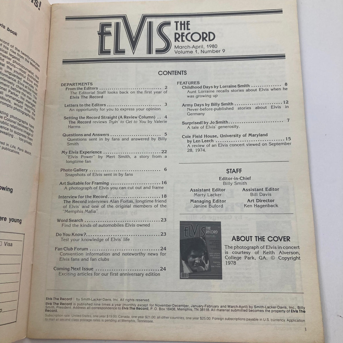 Contents page of VTG Elvis The Record Magazine March 1980 Vol 1 No. 9, showcasing features and articles related to Elvis Presley, including topics like personal experiences and fan contributions.