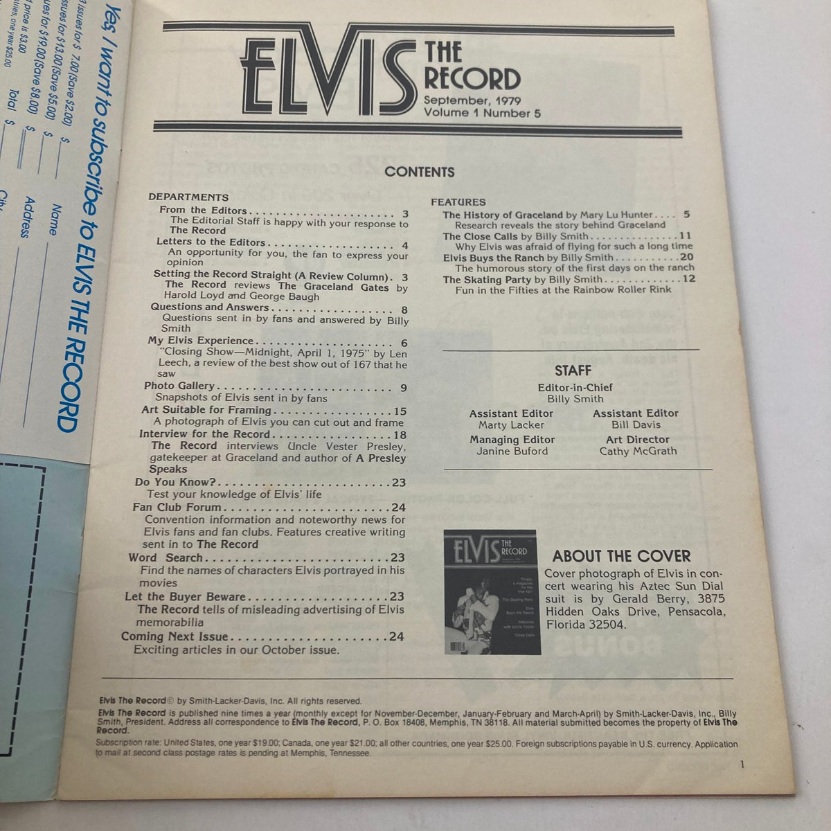 Contents page of VTG Elvis The Record Magazine September 1979 Vol 1 No. 5 listing articles about Elvis Presley, including a photo gallery and various features related to his life and career.