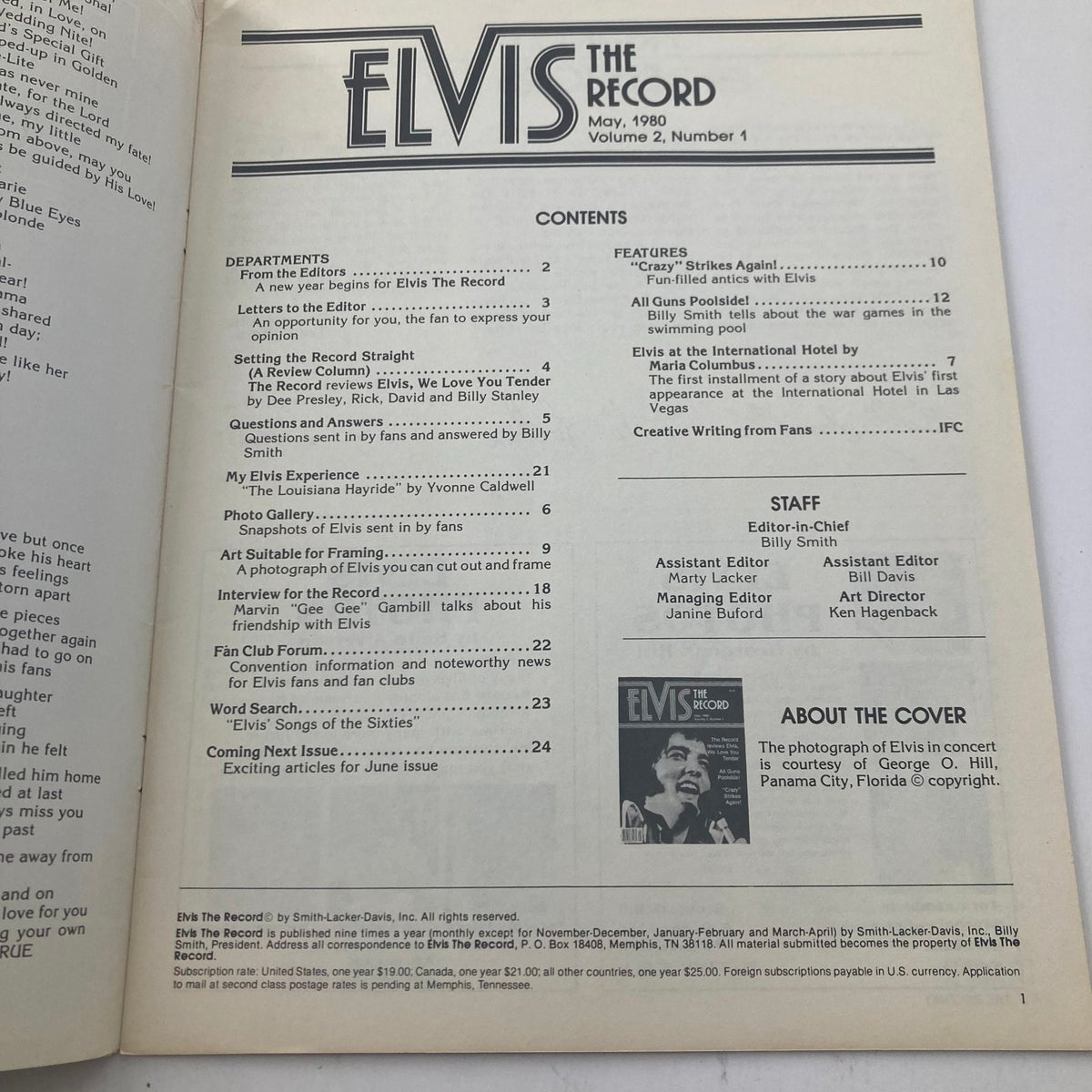 Interior page of 'VTG Elvis The Record Magazine' May 1980, Volume 2, Number 1 displaying the contents section with titles of articles and features related to Elvis Presley, showcasing the detailed sections and editorials from the magazine.