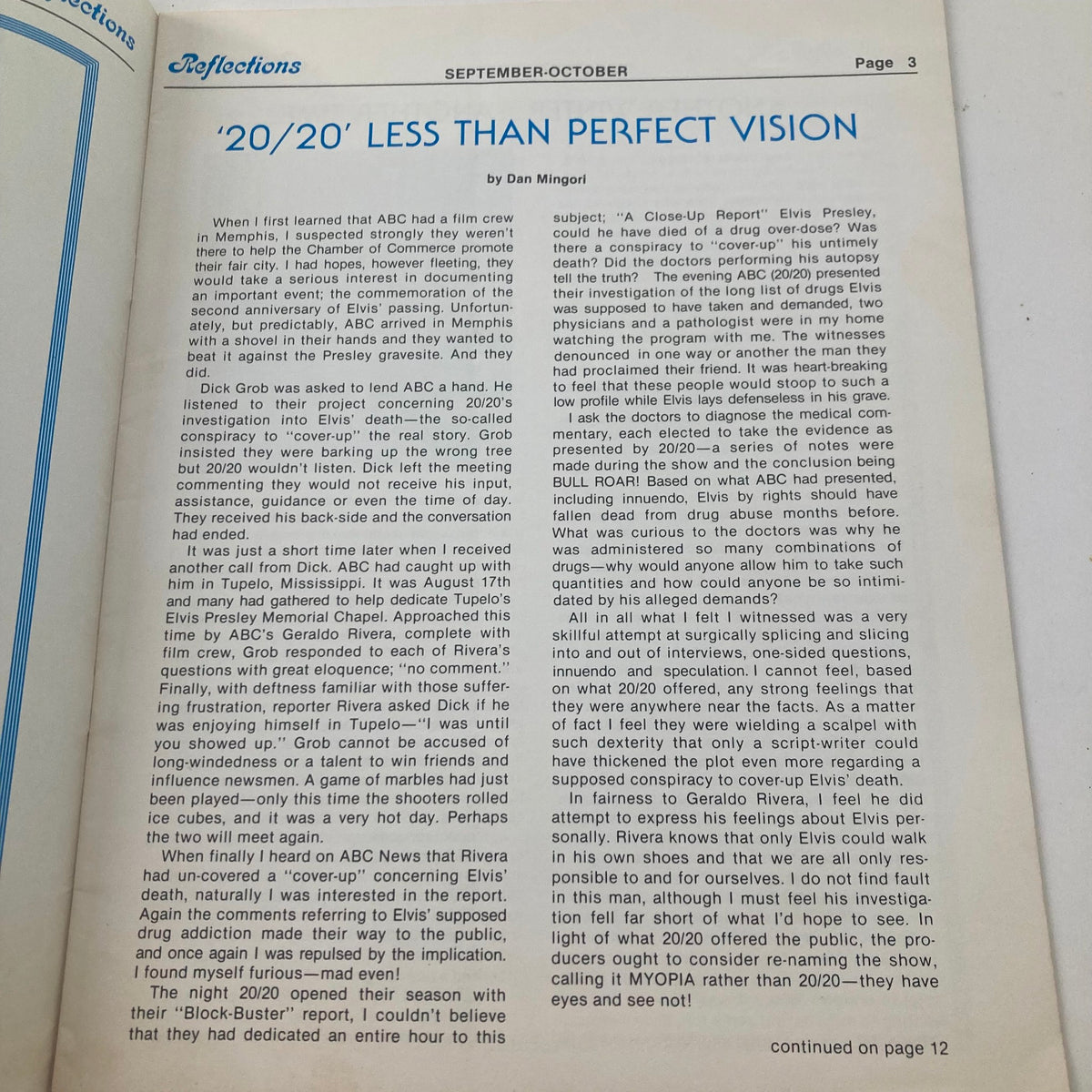 Interior page from VTG Reflections Magazine September 1979 Vol Issue 5 featuring an article titled '20/20' LESS THAN PERFECT VISION by Dan Mingori discussing Elvis Presley.