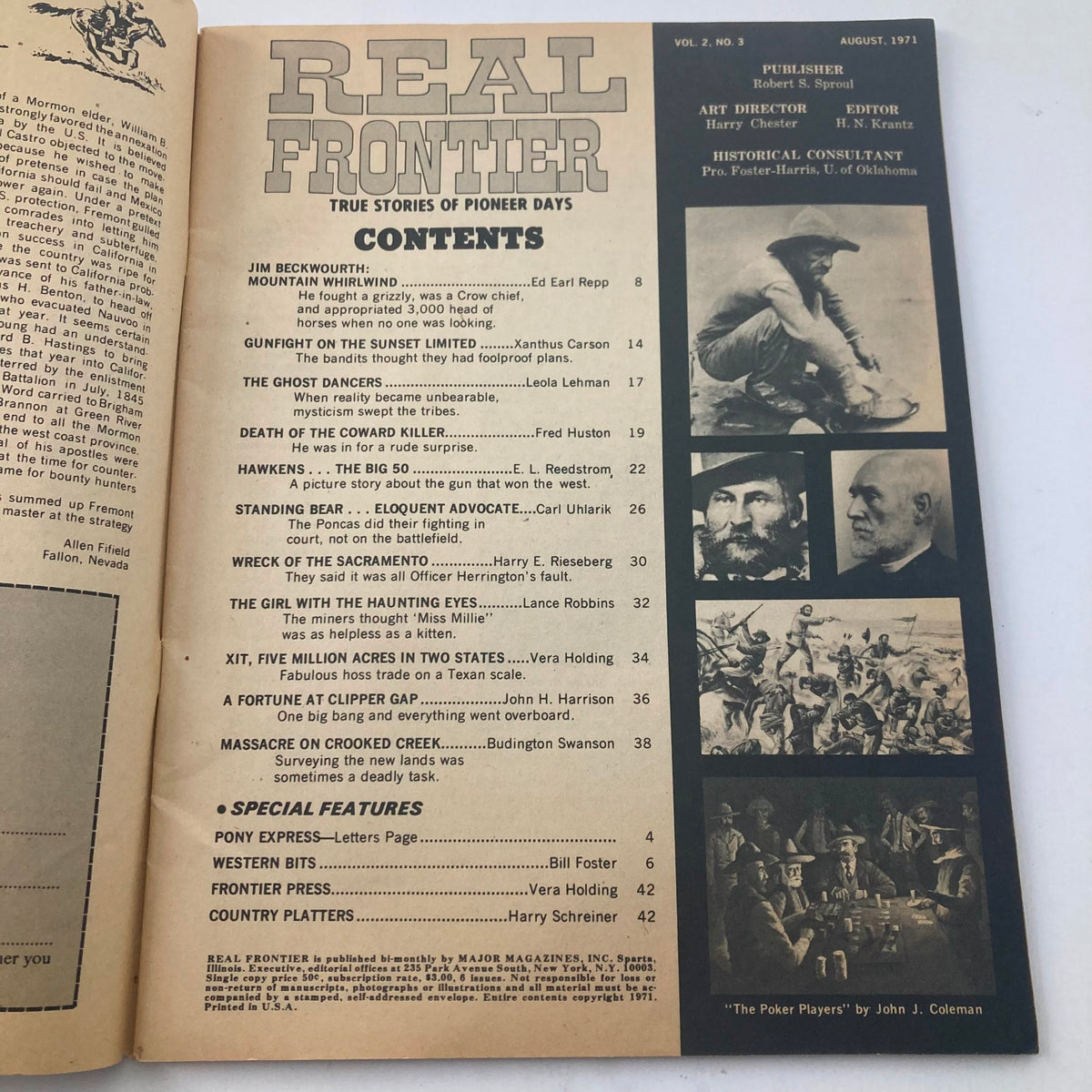 Table of contents from VTG Real Frontier Magazine August 1971 Vol 2 No 3 featuring articles on Jim Beckwourth and other pioneer stories.