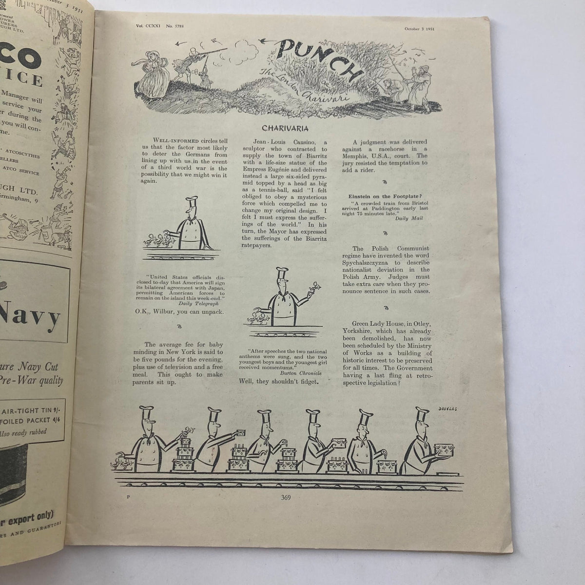 Interior page of VTG Punch Magazine, October 3, 1951, Vol 221 No 5788, displaying humorous articles and cartoons that reflect the era's satire and cultural commentary.