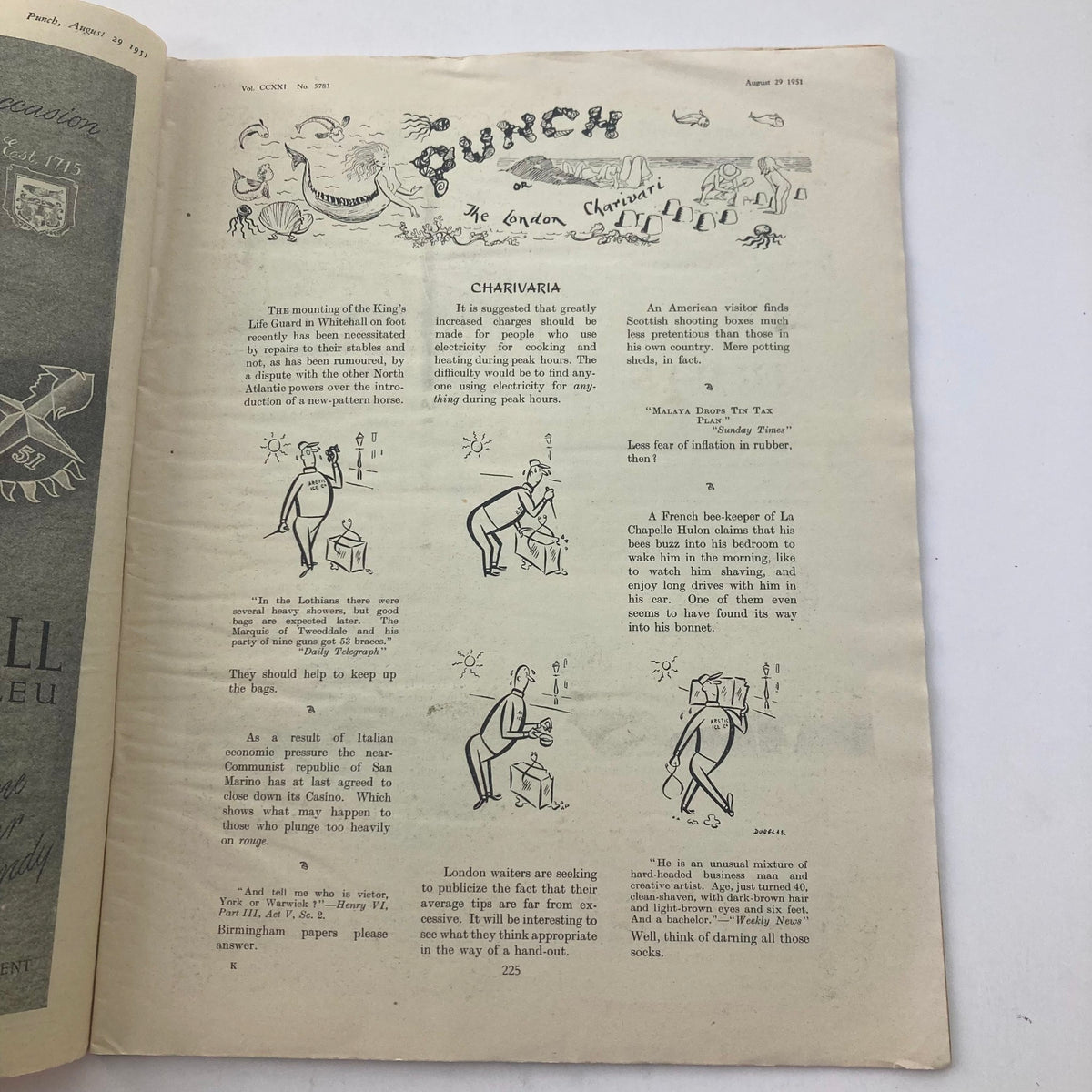 Interior page from Vintage Punch Magazine dated August 29, 1951, Volume 221, Issue #5783, showcasing cartoons and humorous charivari columns typical of the magazine's witty style.