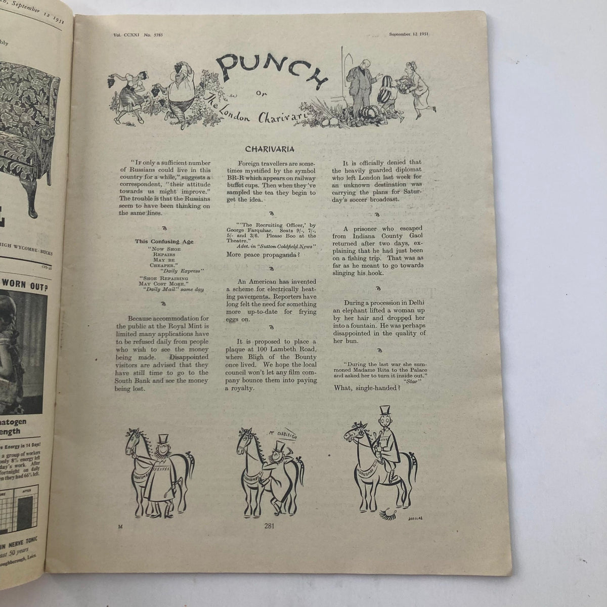 Inside page of Punch Magazine from September 12, 1951, Volume 221, Number 5785, showcasing humorous articles and illustrations, highlighting the comedic style of post-war British culture.