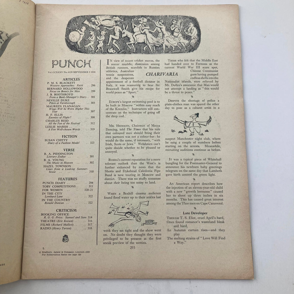 Interior page of Punch Magazine September 3, 1958, displaying articles and illustrations typical of the vintage publication, reflecting the comedic style of the late 1950s.