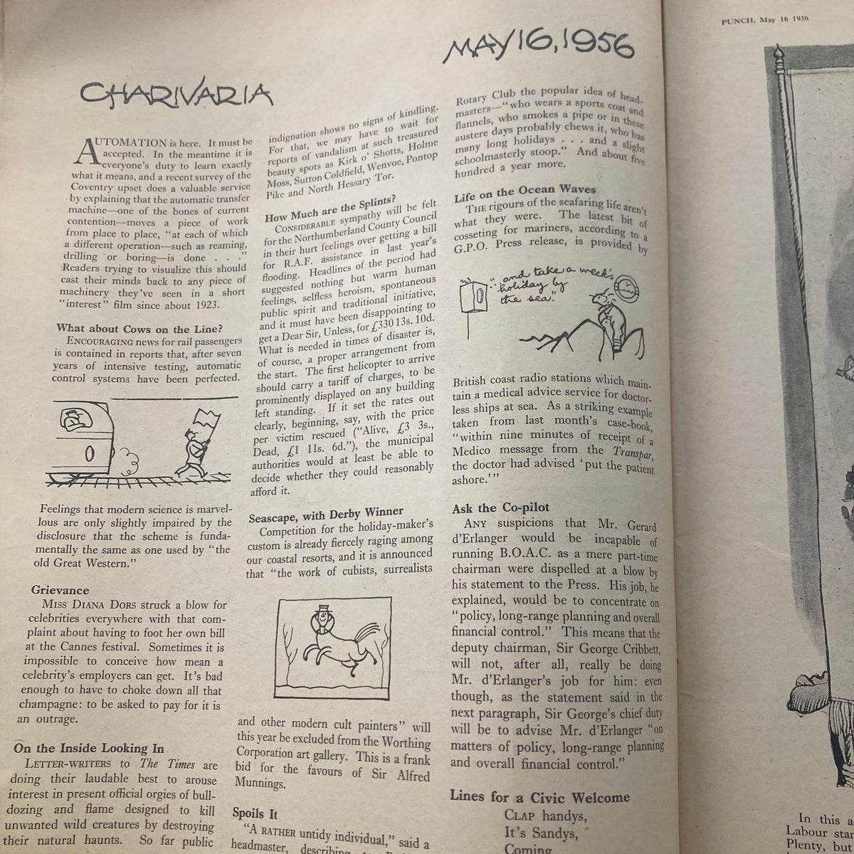 Inside page of VTG Punch Magazine May 16 1956 showcasing a section titled 'Charivaria', featuring humorous text and illustrations, reflecting the magazine's distinctive wit and historical context.