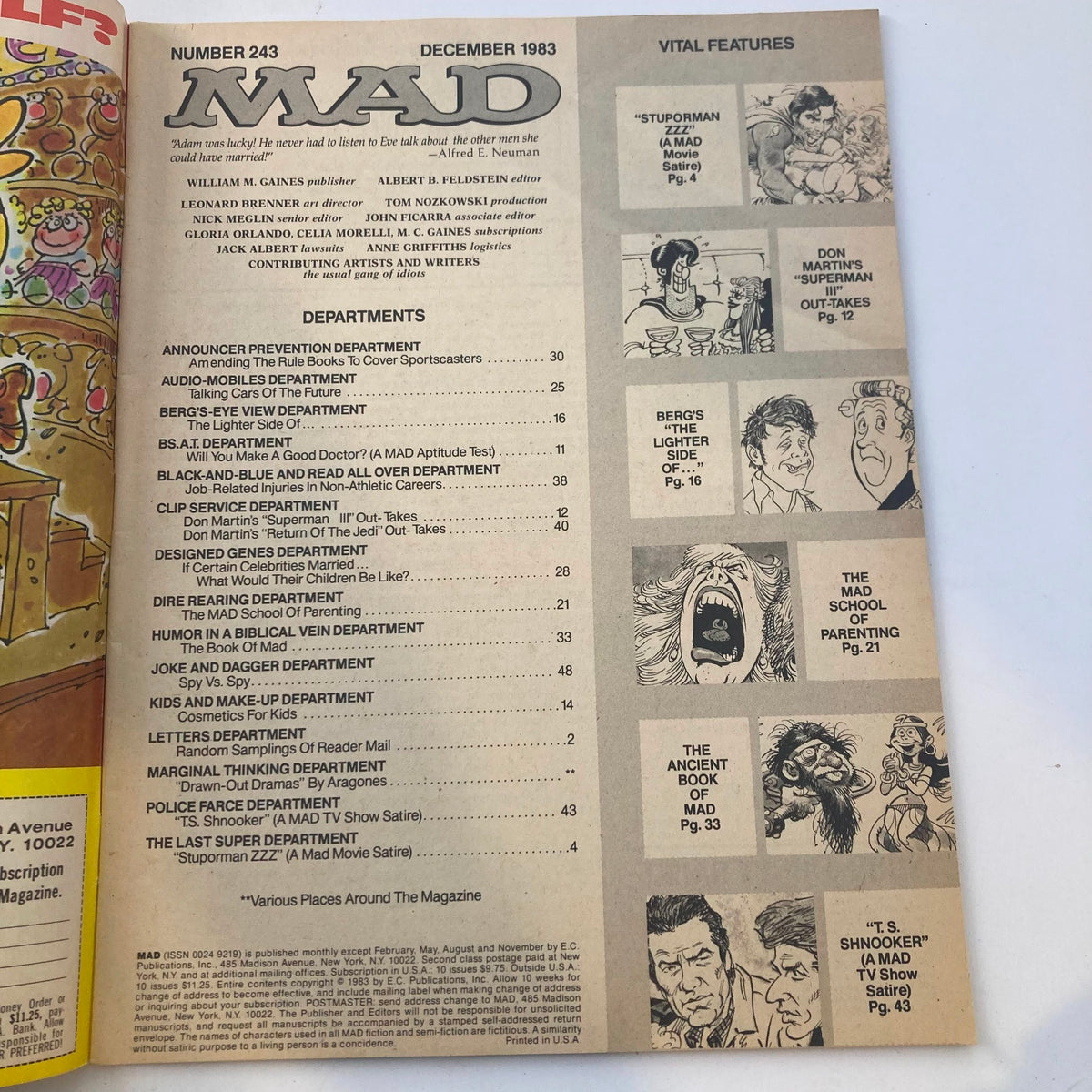 Inside page of VTG Mad Magazine December 1983 No. 243, displaying the table of contents with various humorous articles and features.