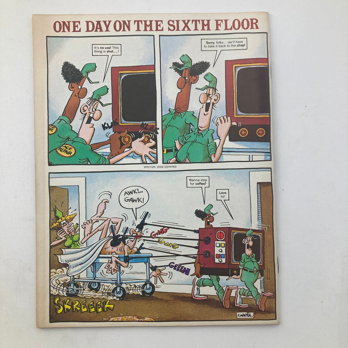 Another inside page from VTG Mad Magazine December 1983 No. 243, featuring a comic strip titled 'One Day on the Sixth Floor' with colorful illustrations and witty dialogue.