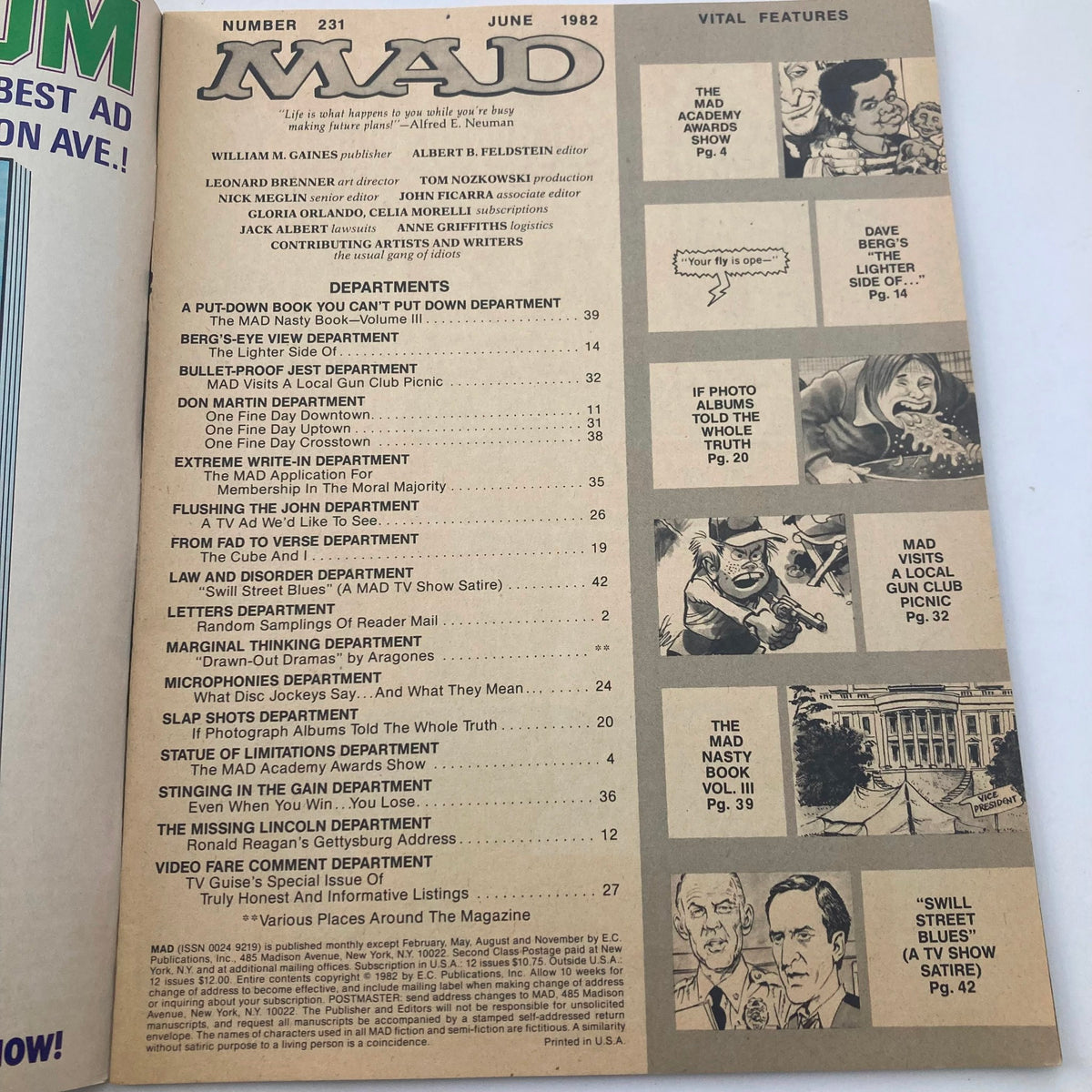 Table of contents of VTG Mad Magazine June 1982 No. 231 The Academy Awards, showcasing various humorous sections and topics, including a satirical look at the Academy Awards.
