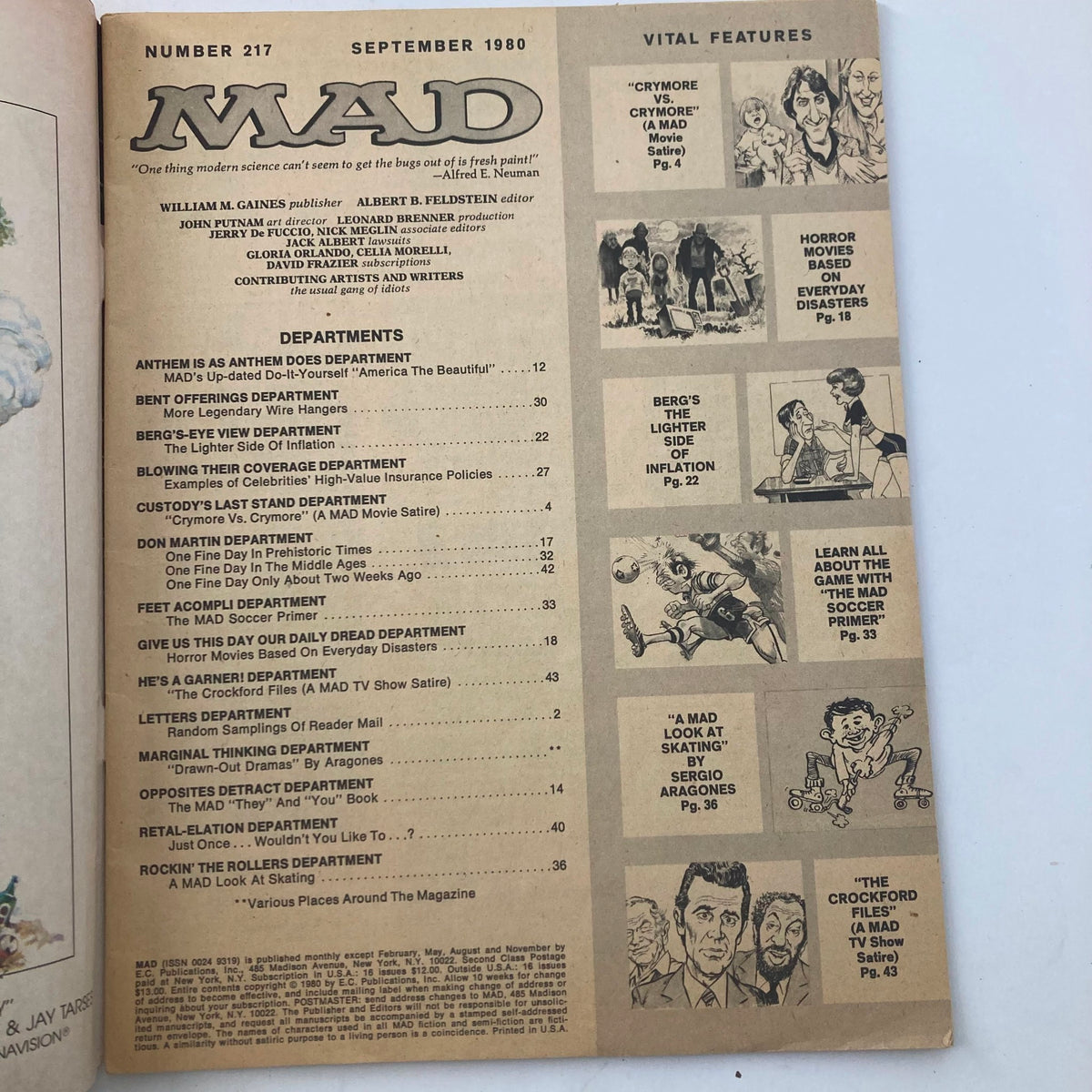 Inside page of VTG Mad Magazine September 1980 No. 217 showcasing the table of contents with various article titles and comic sections, highlighting the unique humor of Mad Magazine.