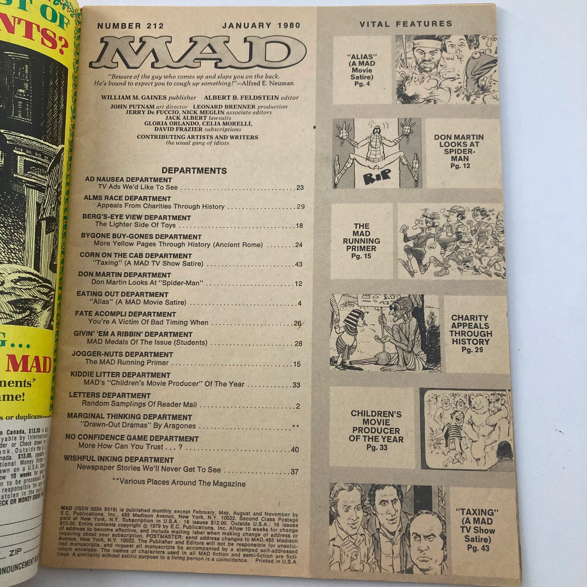 Inside page of VTG Mad Magazine January 1980 No. 212 displaying the table of contents. This layout highlights various sections and features of the magazine, indicative of the unique satire and comedy style that Mad Magazine is known for.