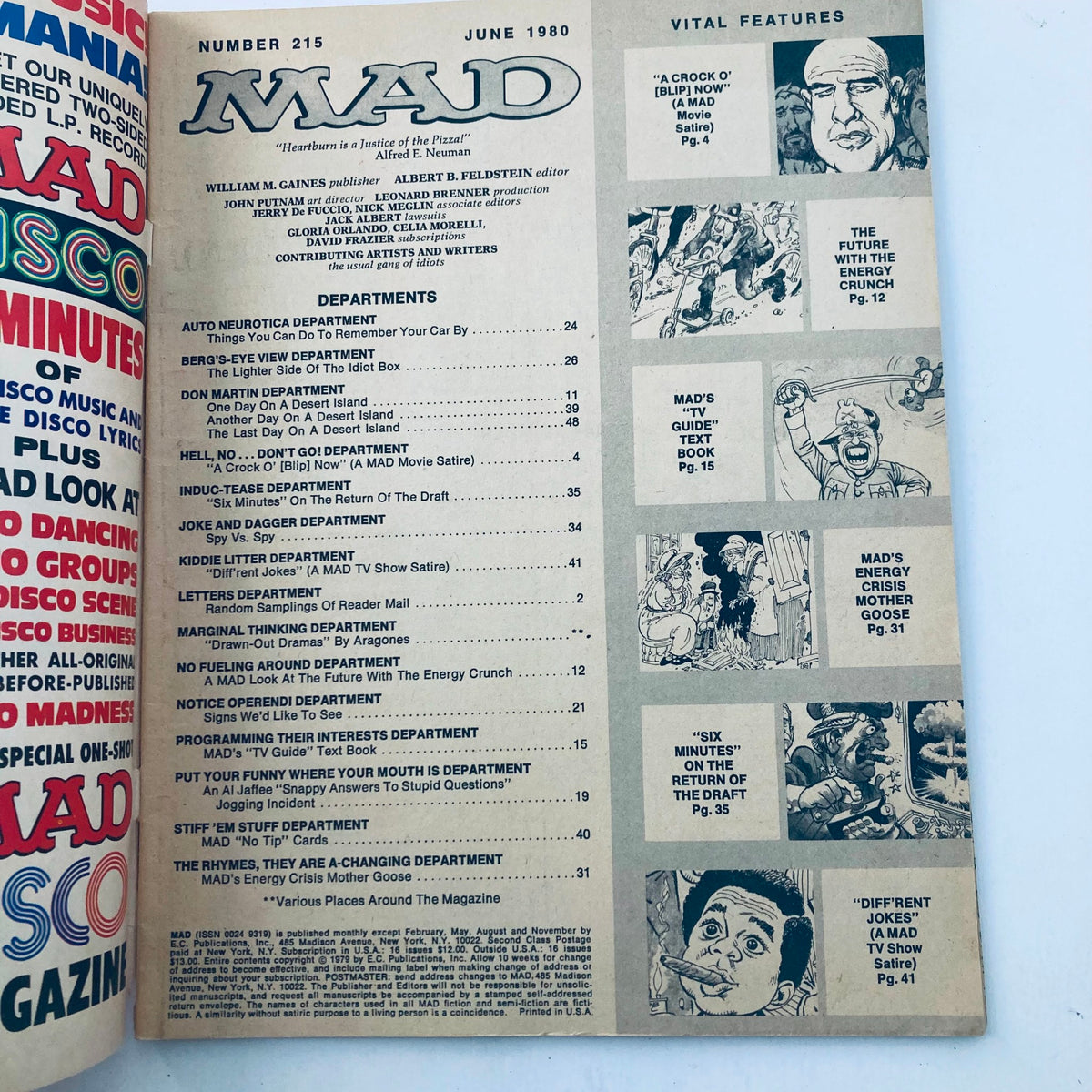 Inside page of VTG Mad Magazine June 1980 No. 215, displaying the contents section including various features and satirical articles. A perfect representation of Mad Magazine's comedic style.
