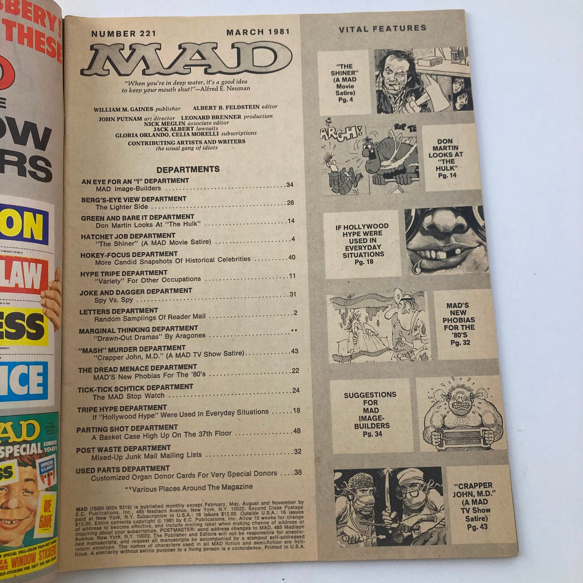 Inside page of VTG Mad Magazine March 1981 No. 221 displaying the table of contents, highlighting various humorous departments and features of the magazine.