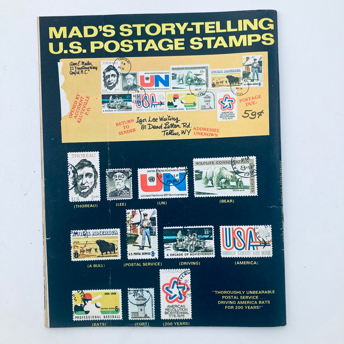Back cover of VTG Mad Magazine March 1981 No. 221 titled 'Mad's Story-Telling U.S. Postage Stamps', showcasing creative artwork and funny postal service commentary.