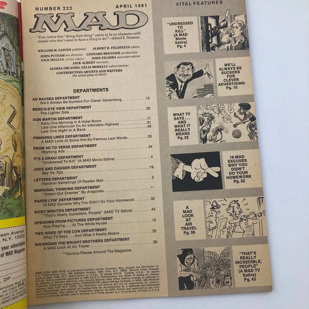 Content page of VTG Mad Magazine April 1981 No. 222 featuring the article 'Undressed To Kill' and various humorous sections, highlighting the magazine's cultural satire.