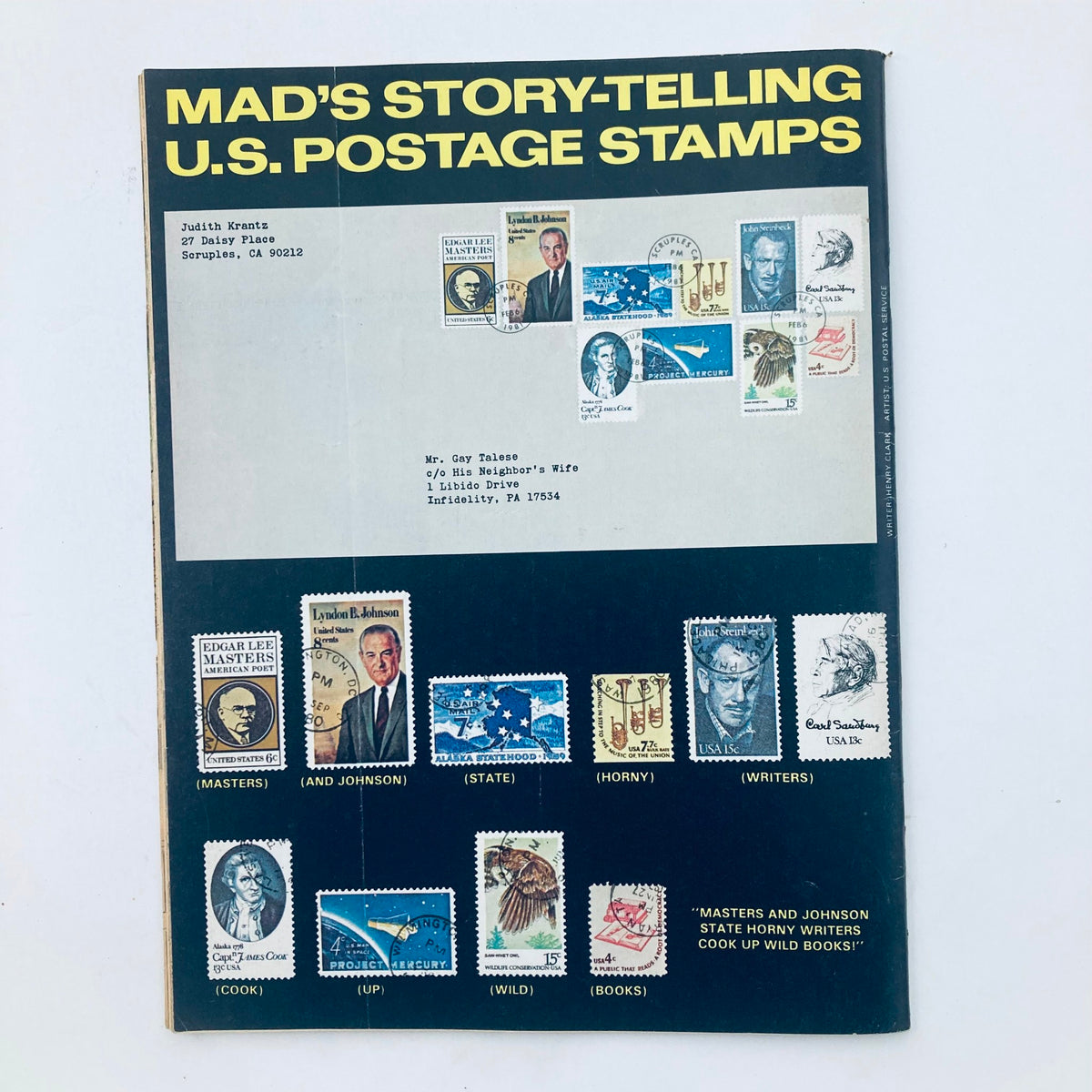 Back cover of VTG Mad Magazine April 1981 No. 222 showcasing U.S. postage stamps with a humorous twist, representing the magazine's comedic style.