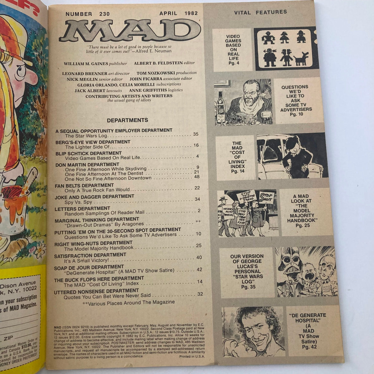 Interior page of VTG Mad Magazine April 1982 No. 230 showing the table of contents with notable departments and features, reflecting the era's satire.