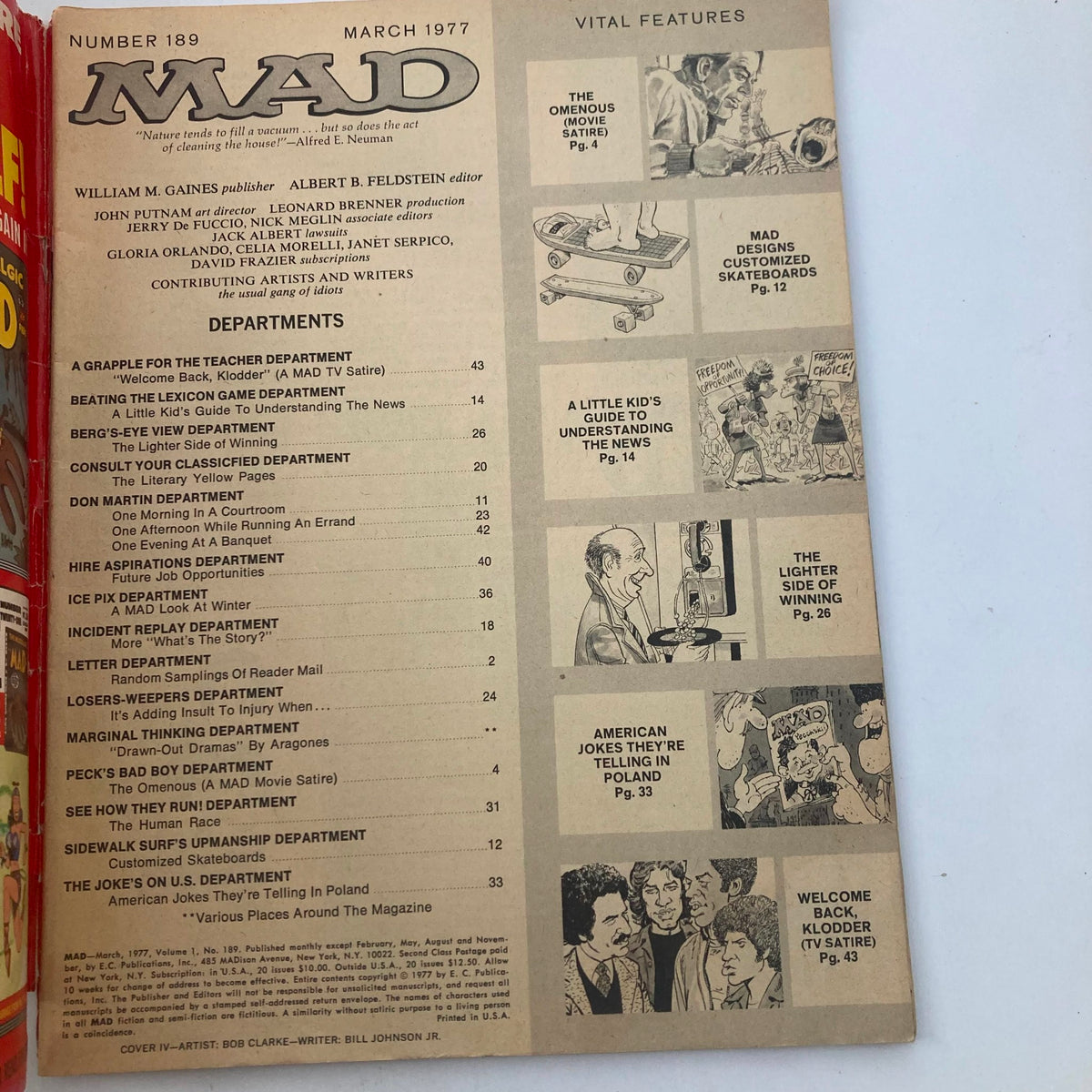 Inside page layout of VTG Mad Magazine March 1977 No. 189 showcasing various departments and features.