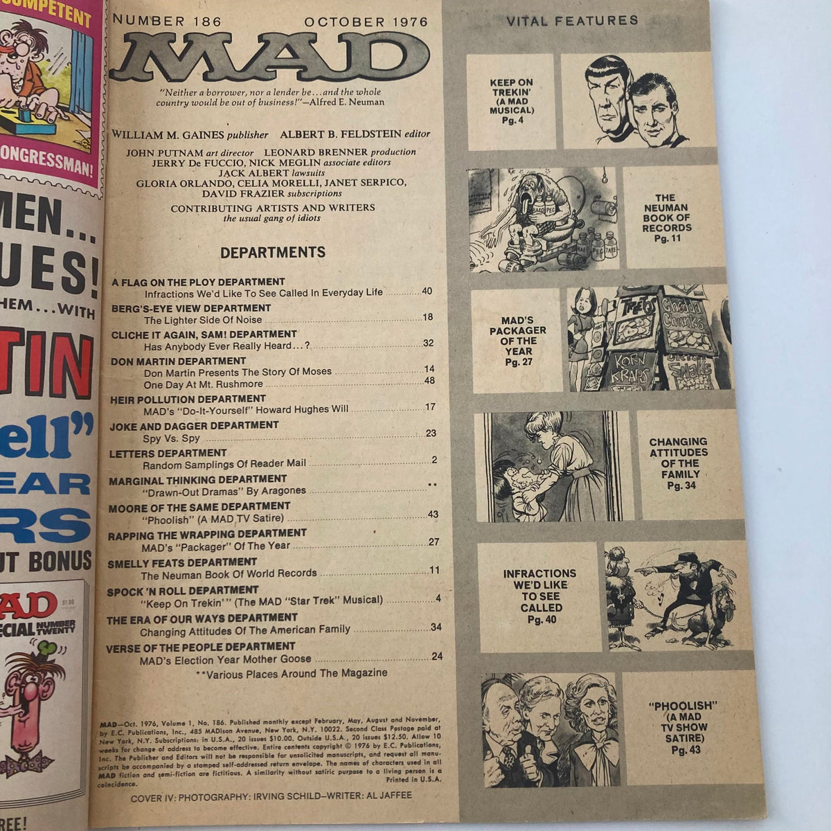 Interior page from VTG Mad Magazine October 1976 No. 186, showcasing various departments and features, including the humorous article about the Star Trek Musical.